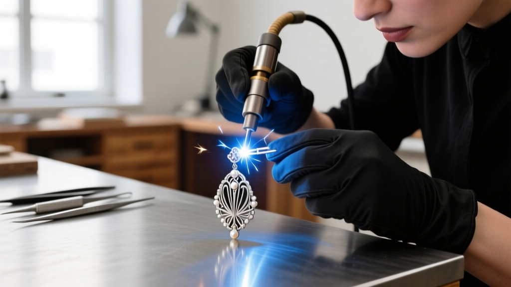 Jeweler using a precision laser welder to attach a silver clip to a vintage earring, capturing the bright welding spark in focus.
