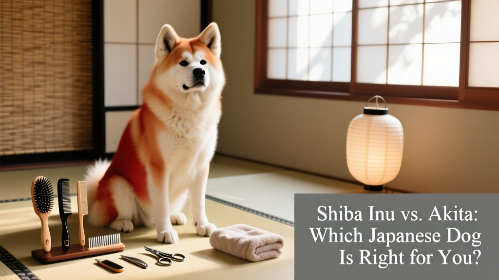 A well-groomed Akita sitting calmly beside grooming tools