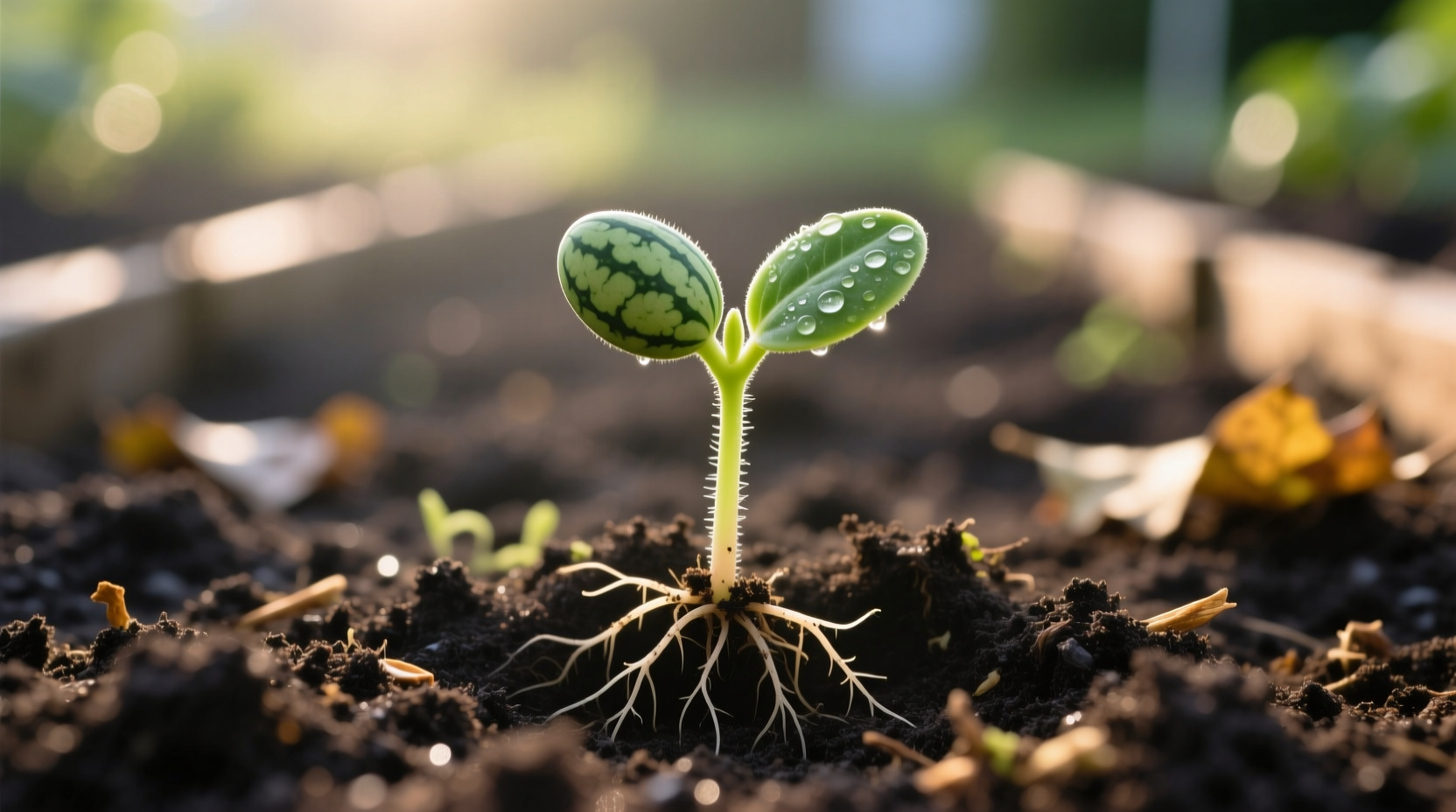 Watermelon seedling growing in garden soil