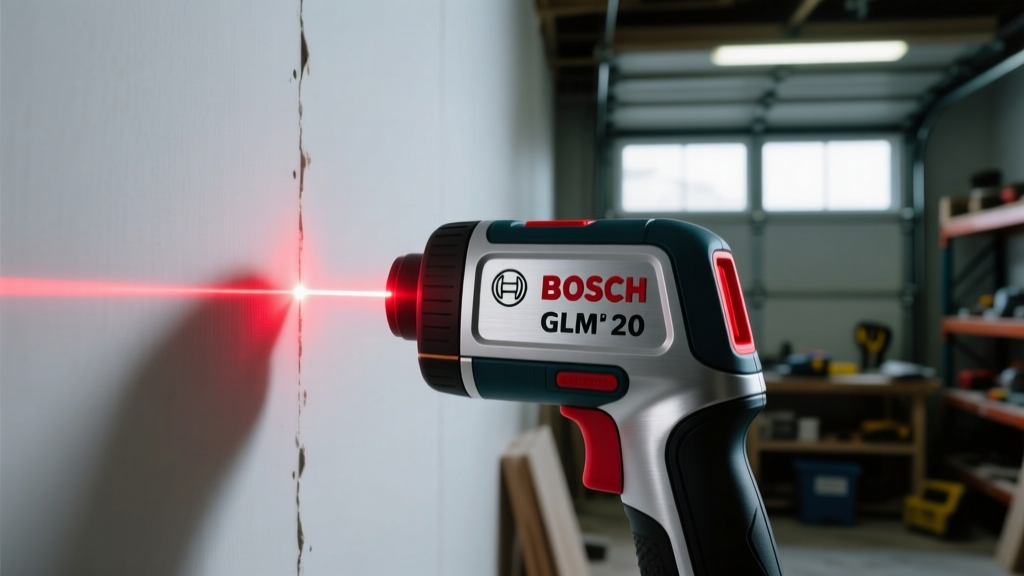 Close up of a Bosch GLM 20 laser measure projecting a red dot onto a white drywall surface in a dimly lit garage workshop.