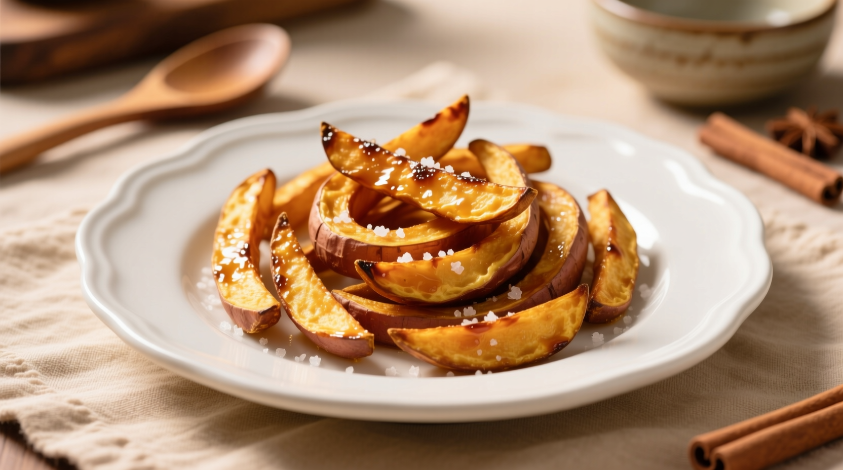 Perfect golden brown sweet potato fries on white plate