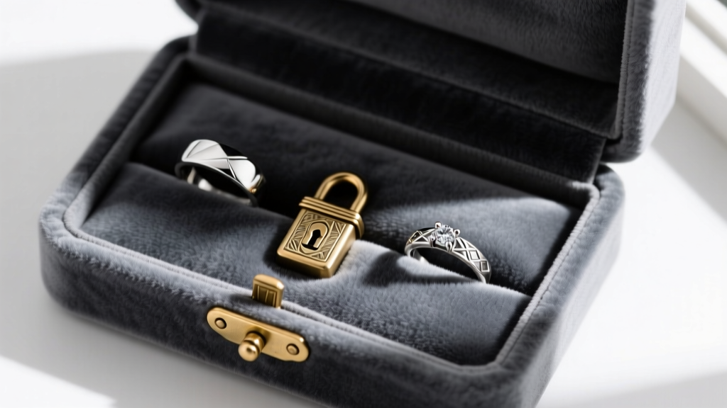Top-down view of an open shields jewelry box with anti-tarnish velvet lining, silver rings, and a secure brass locking mechanism