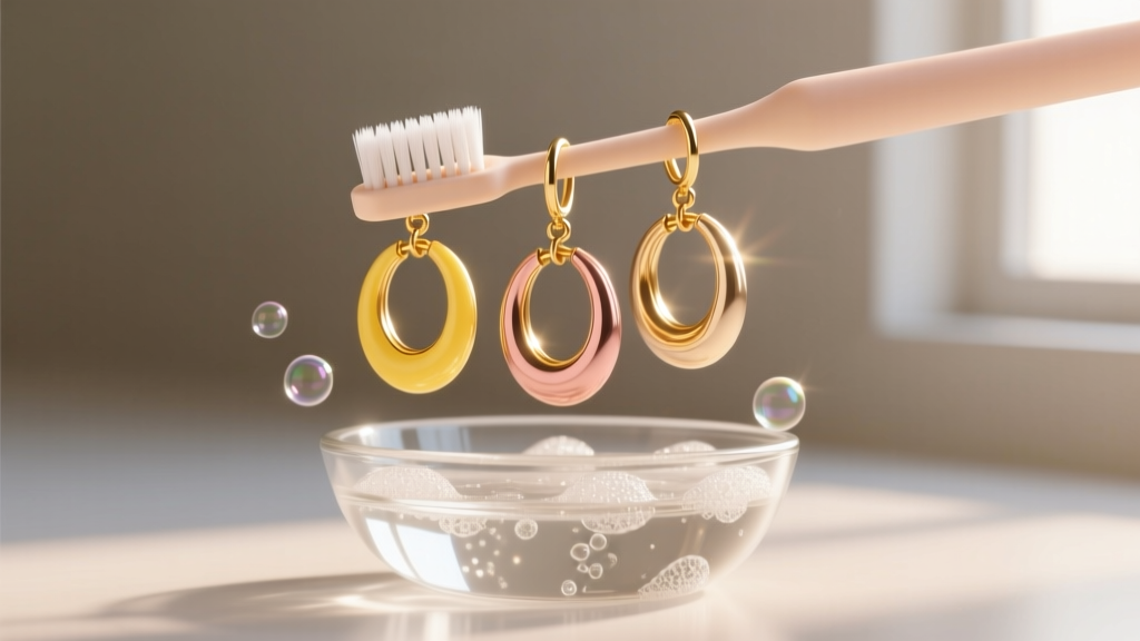 Soft baby toothbrush gently cleaning interlocking joints of three-color gold hoop earrings in a small glass bowl of soapy water.