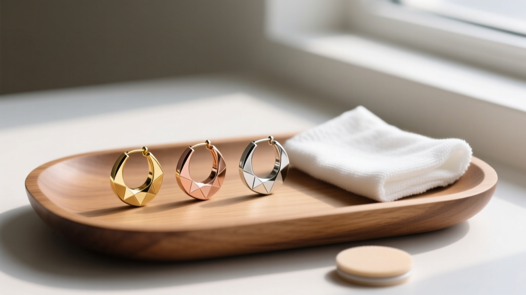 Wooden tray holding three pairs of Rowan hoop earrings in different metals, next to a microfiber cloth and polishing pad