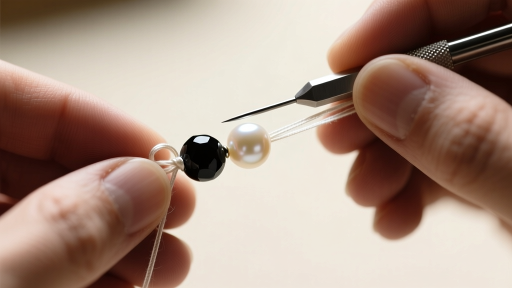 Jeweler hands using a beading awl to tie a microscopic silk knot between a black spinel bead and a cream pearl on a stretched thread.