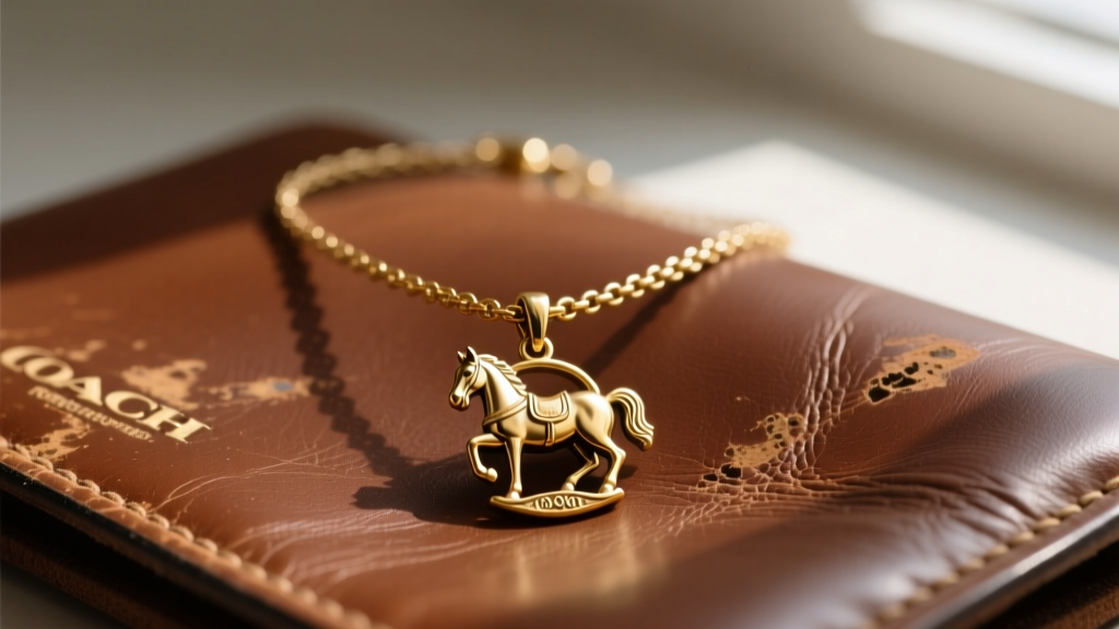 Flat lay of a 1990s gold-tone vintage Coach necklace with a horse and carriage pendant resting on a worn brown leather surface