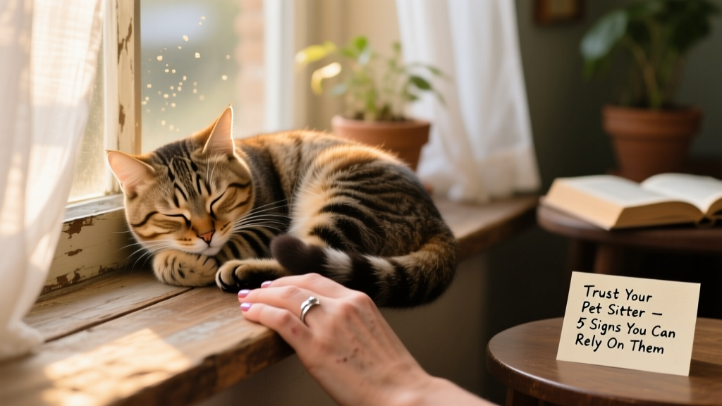 A serene tabby cat curled up asleep on a windowsill, with a gentle hand resting nearby on the sill