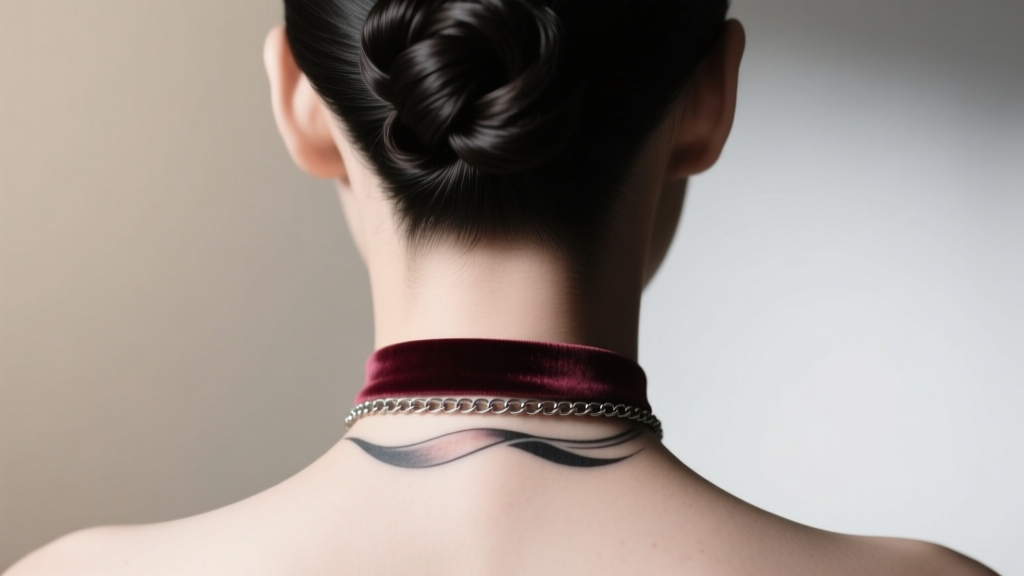 Minimalist nape-of-neck choker tattoo resembling a velvet ribbon or thin curb chain, photographed from behind with hair swept up