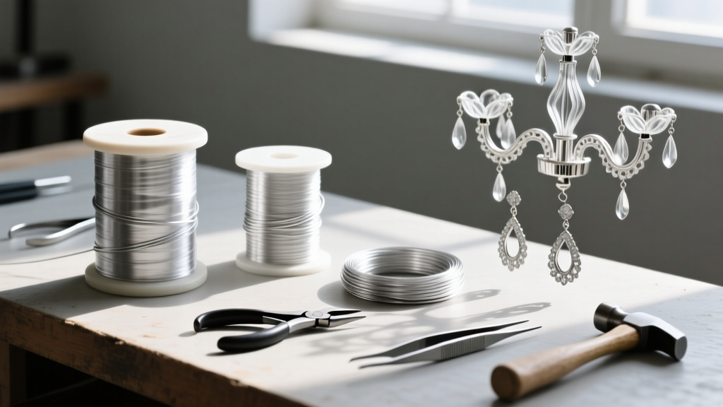 Workbench showing 20-gauge and 24-gauge silver wire spools next to partially assembled chandelier earring frames and tools