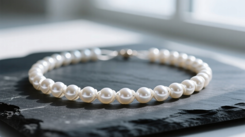 Close-up of a knotted white fresh water pearls necklace resting on dark slate, highlighting the silk thread between each gem.