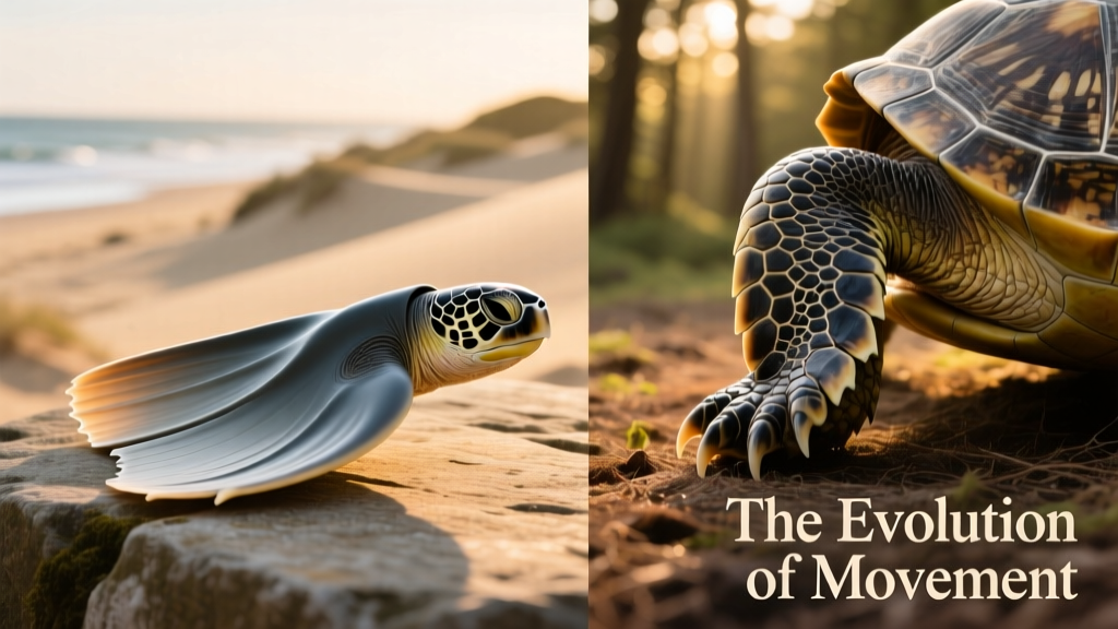 Side-by-side comparison showing streamlined sea turtle flippers versus sturdy, columnar legs of a land turtle