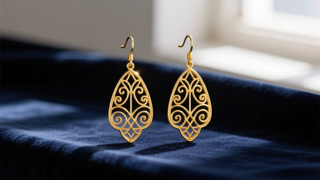 Vintage 14k gold Art Deco filigree drop earrings on dark velvet, soft lighting highlighting the intricate metalwork details.