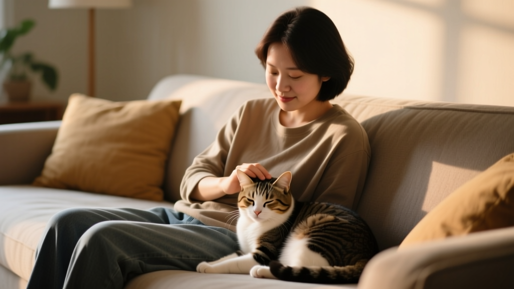 A person seated on a couch, softly stroking their relaxed cat while both appear calm and content