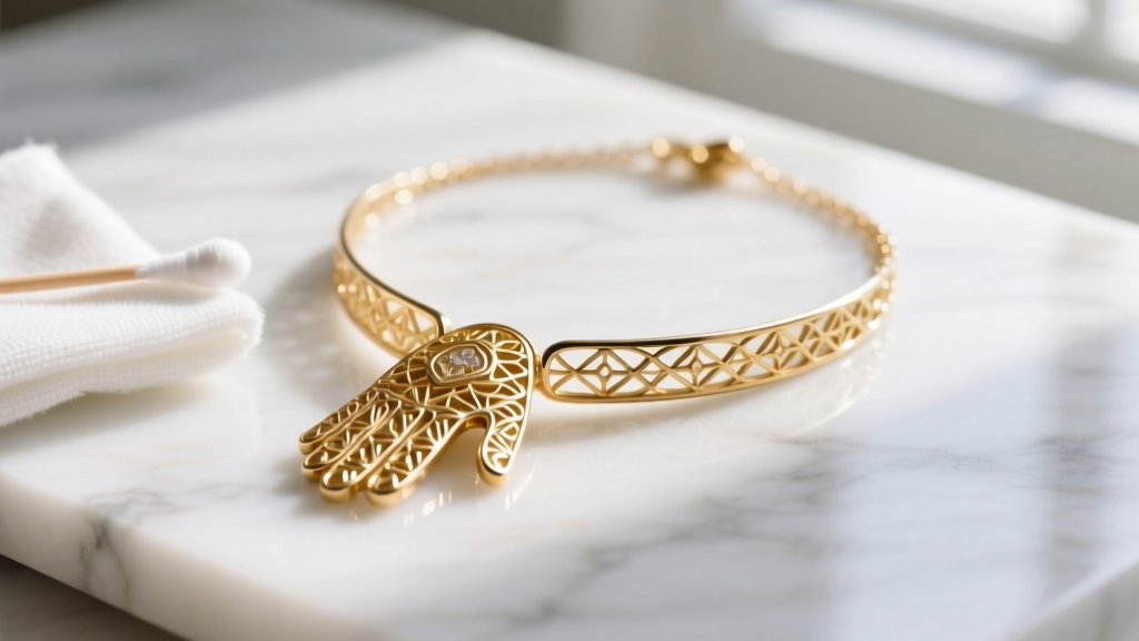 Macro shot of a gold vermeil Fatima hand necklace cleaned gently with a microfiber cloth and cotton swab on white marble surface