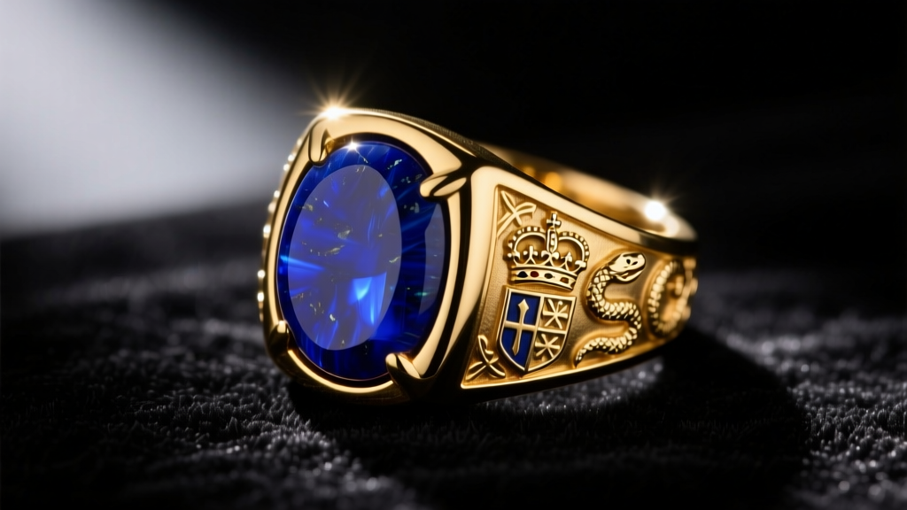 Macro shot of a 22k gold Charlemagne signet ring with a lapis cabochon on dark velvet, lit by moody chiaroscuro lighting.