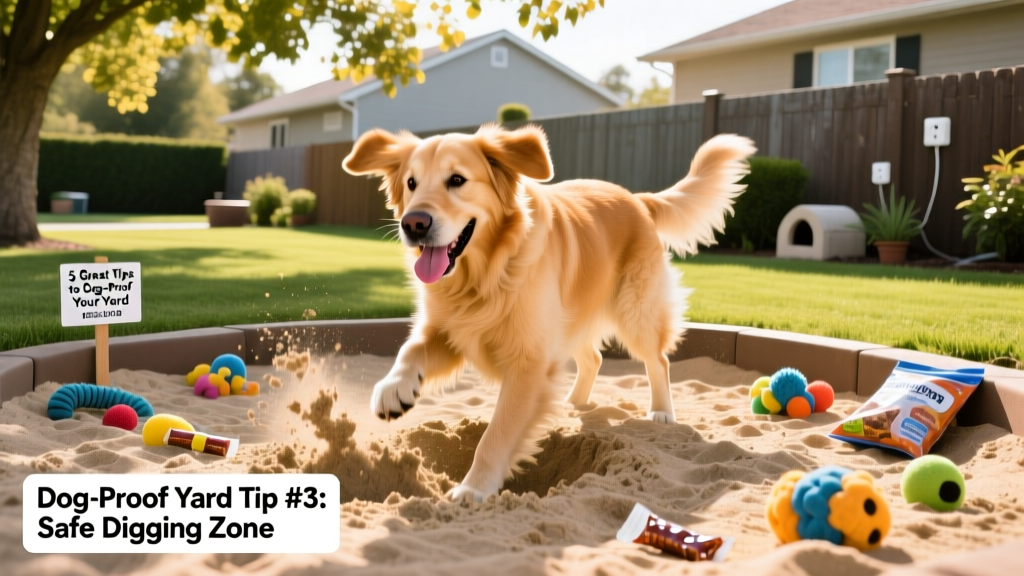 Dog happily digging in a designated sandy pit with toys and treats nearby