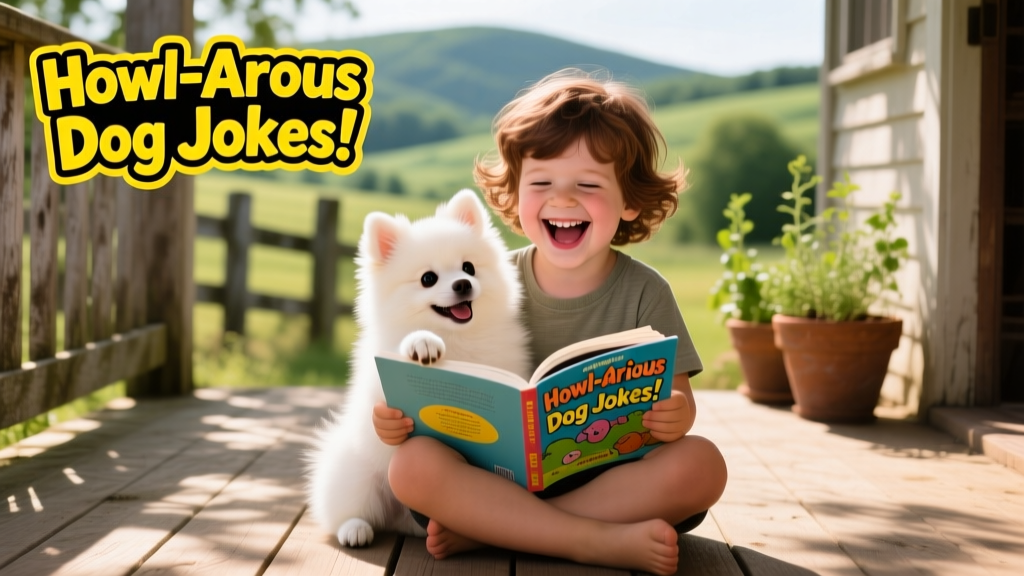 A smiling child sitting cross-legged with a fluffy white puppy on their lap, holding a joke book open