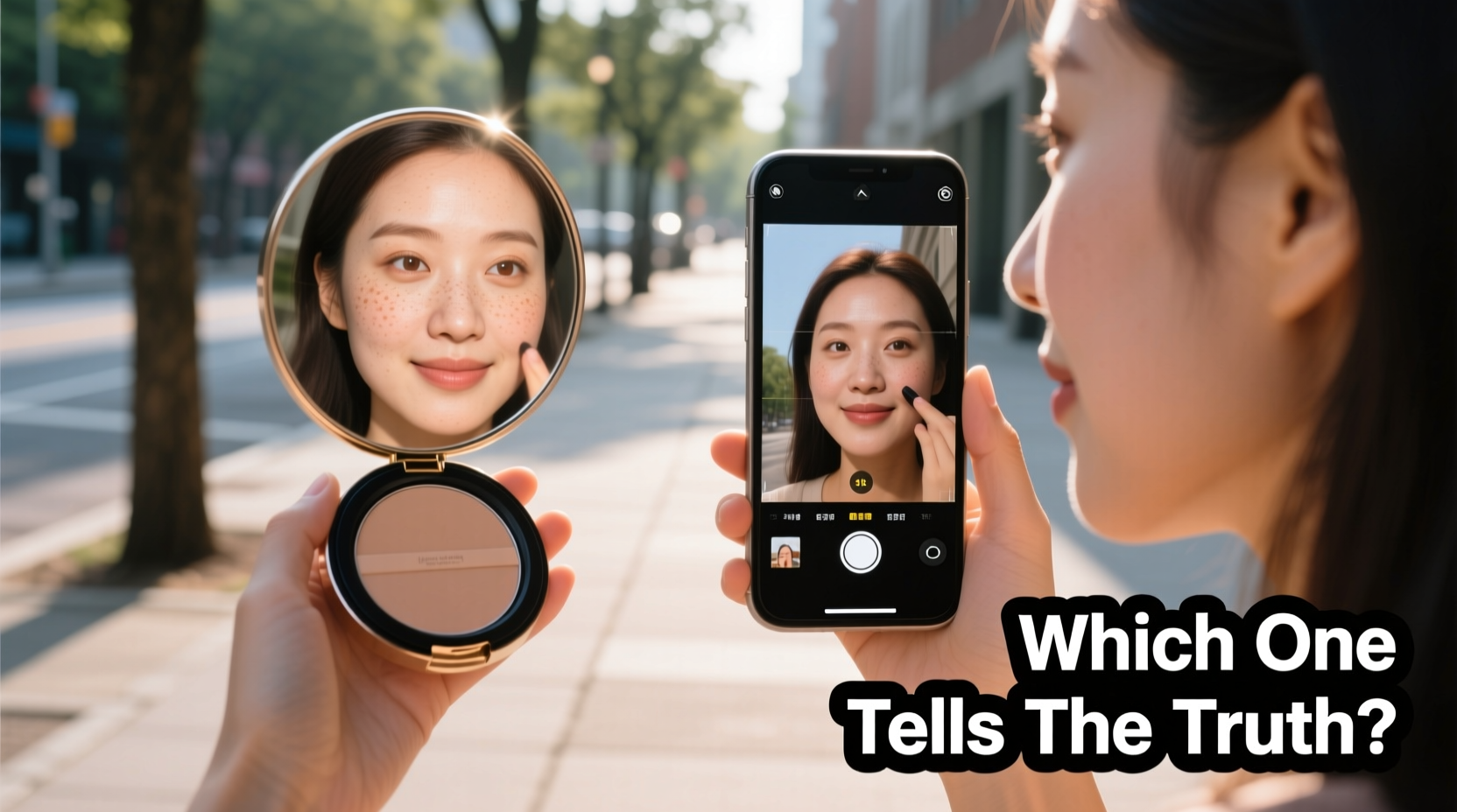 compact mirror vs phone selfie for touch ups which gives a truer reflection on the go