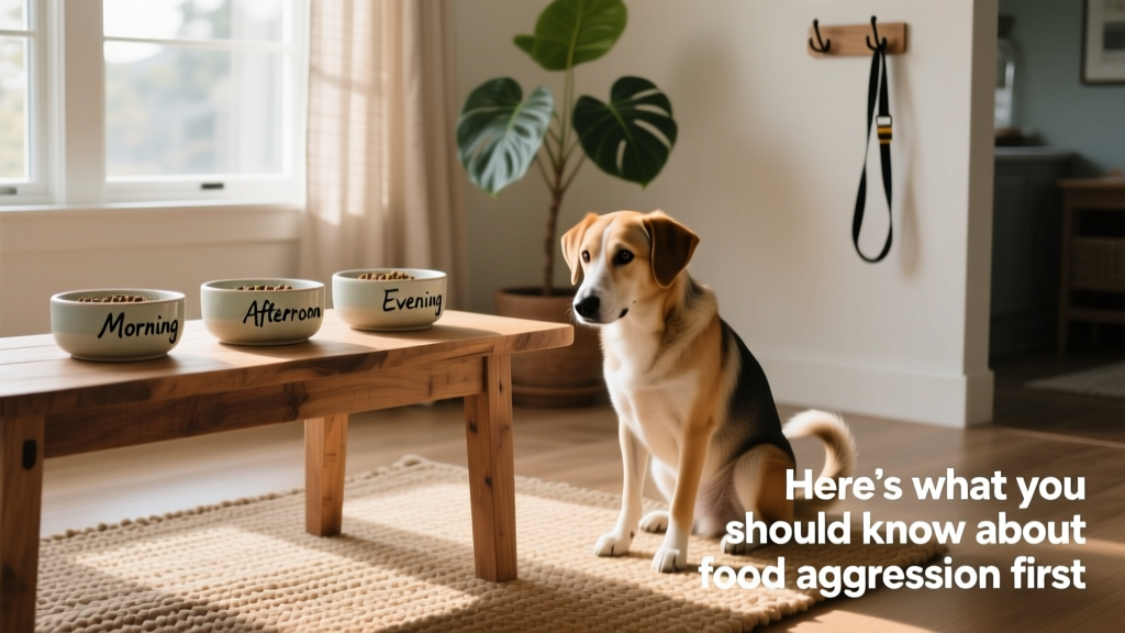 A neatly arranged feeding station with labeled bowls and a calm dog waiting patiently