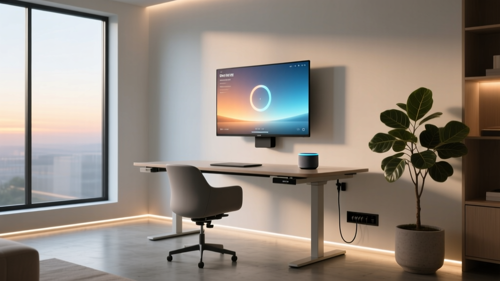 Sleek 2026 home office setup featuring an Echo Show 15 mounted above a standing desk with ambient circadian lighting