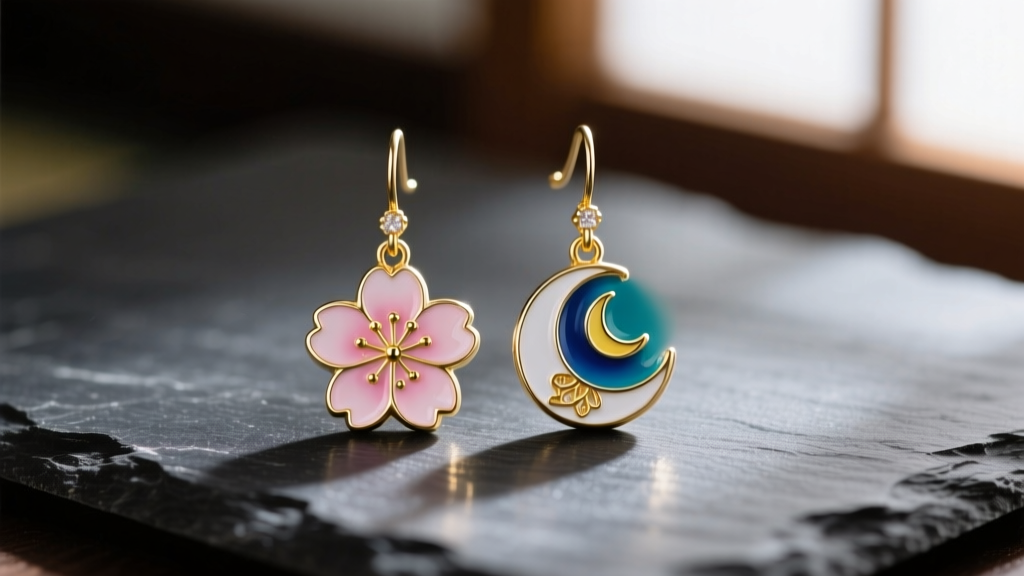 Macro shot of hard enamel hanafuda dangle earrings with cherry blossom and moon motifs, resting on a textured dark slate surface.