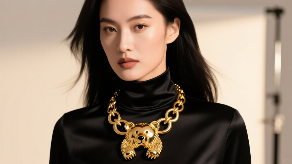 Editorial fashion portrait of a model wearing a striking oversized 18k gold-plated bear claw necklace over a black silk turtleneck