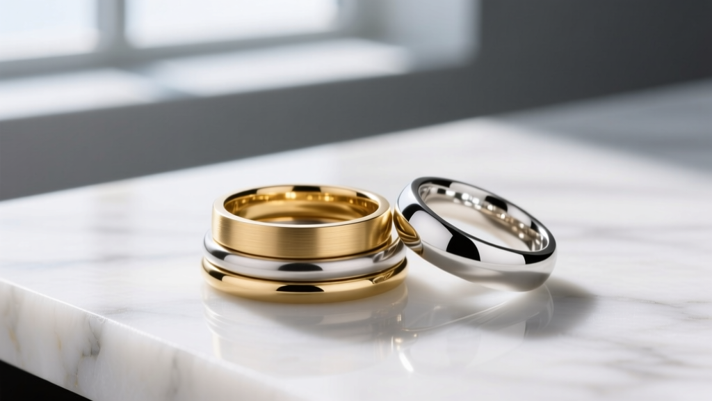 Stacked mixed-metal rings on marble, highlighting a matte brushed finish on 14k gold and high-polish textures on sterling silver.