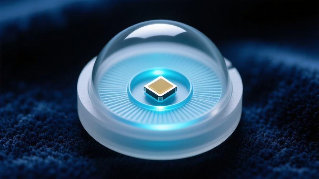 Close-up of an optical silicone diffuser casing housing a 0603 SMD LED chip, emitting a soft cyan glow against dark velvet