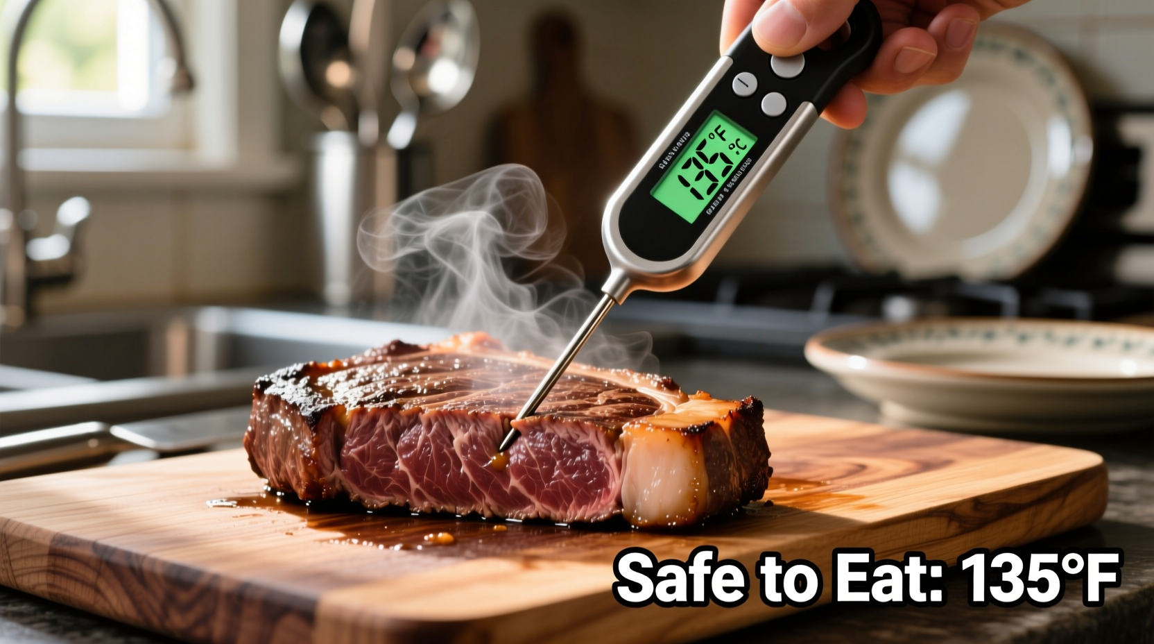 Food safety thermometer checking meat temperature