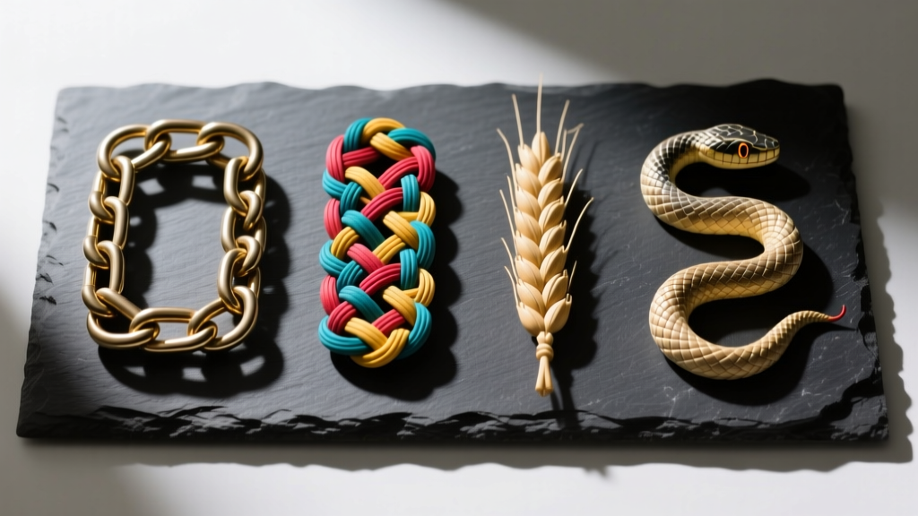 Top-down view of four chain weaves including box, rope, wheat, and snake, laid flat on dark slate for structural analysis