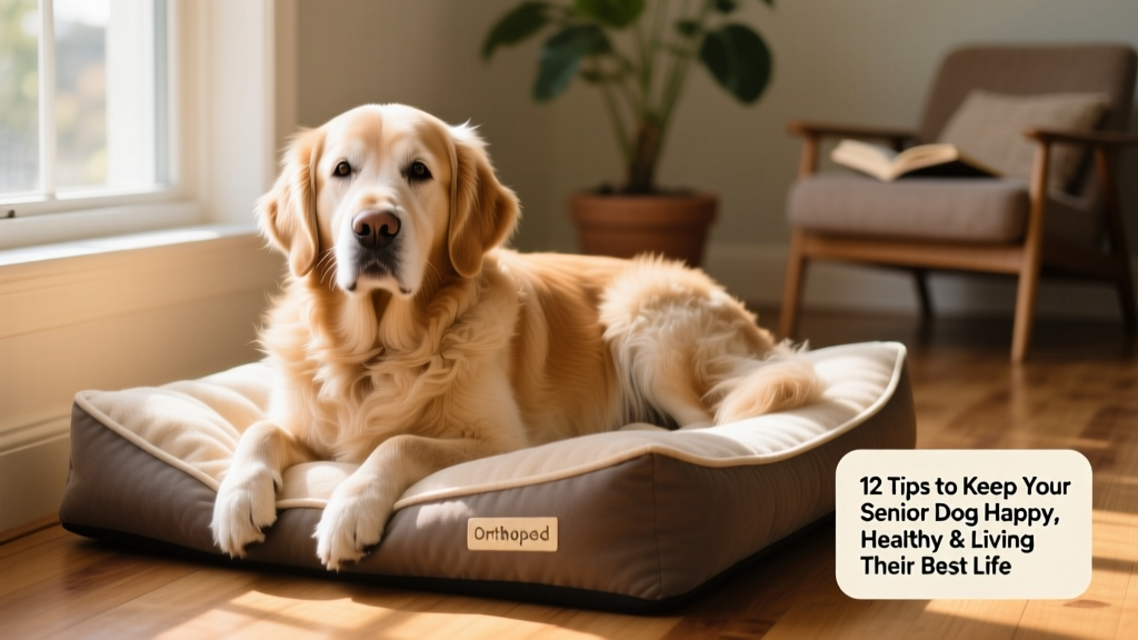 Senior golden retriever resting comfortably on a soft orthopedic dog bed near a sunlit window