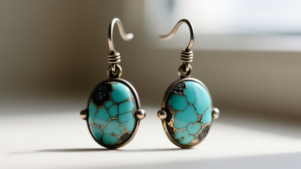 Macro view of vintage French ear wire solder joints on antique turquoise earrings, showing historical oxidation and dark patina.