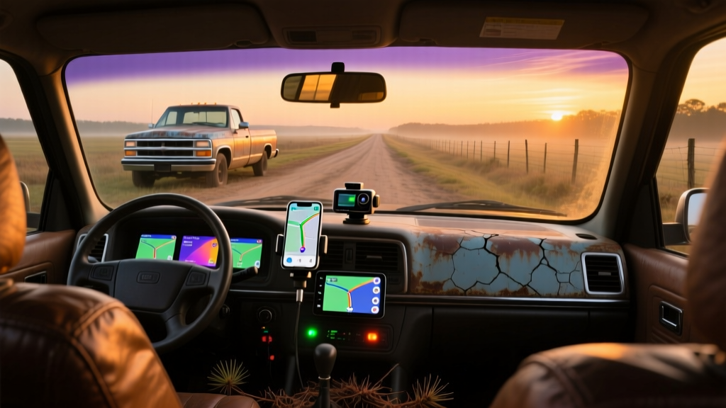Rural South Carolina dirt road at dusk with a truck dashboard glowing with modern commuting gadgets and GPS screens.