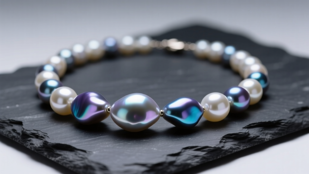Macro shot of a natural pearls necklace on dark slate, showing baroque shapes and deep orient luster under soft studio lighting