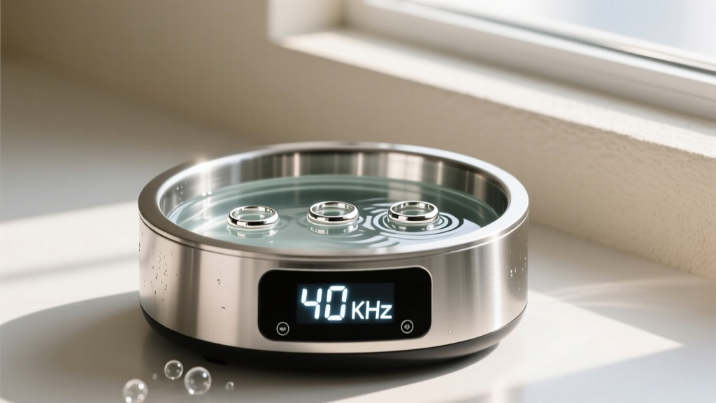 Digital ultrasonic jewelry cleaner with stainless steel tank displaying 40 kHz on LED screen, holding plain sterling silver rings