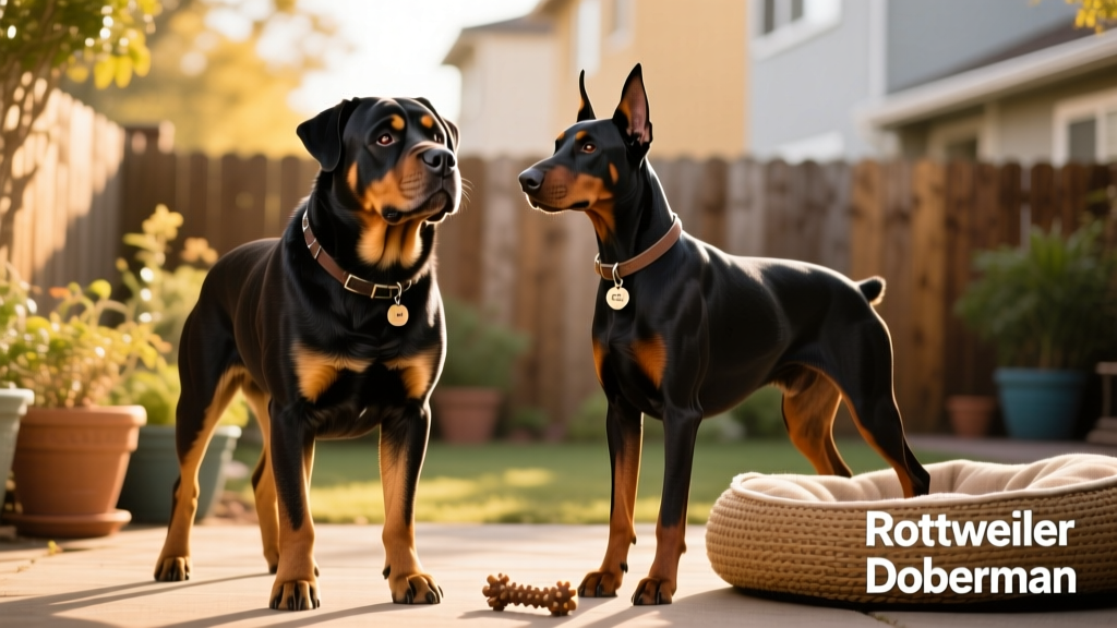 Rottweiler with broad chest and sturdy posture next to a Doberman with sleek, elongated silhouette