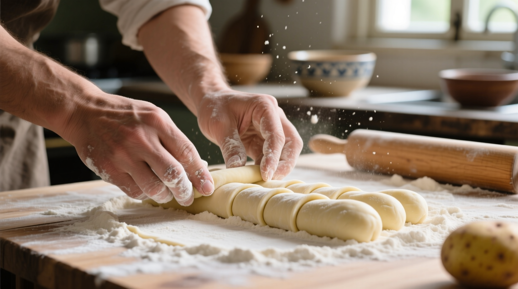 Hands shaping potato dough into thin logs on floured surface