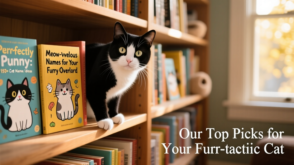 A curious tuxedo cat peering over the edge of a bookshelf stacked with whimsical pet-themed books