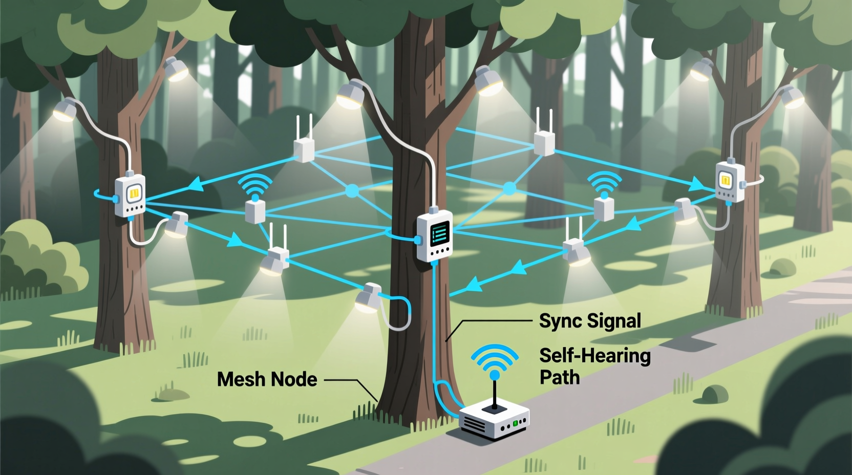 how to synchronize lights across multiple trees using mesh networking instead of hubs