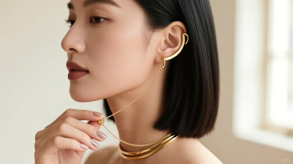 A woman carefully unclasping a layered gold ear necklace, demonstrating the tension point where the ear cuff meets the chain