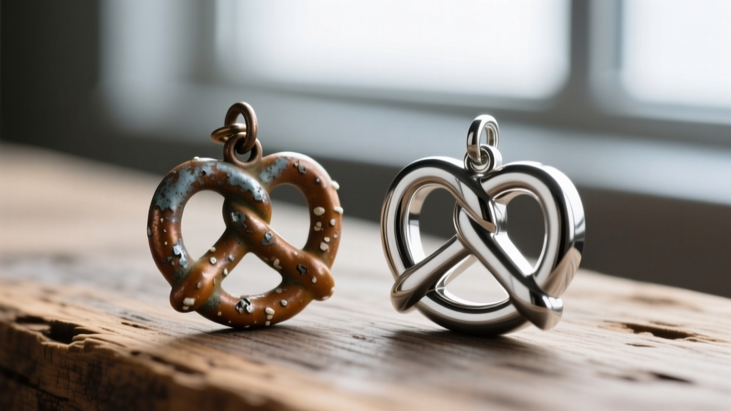 Macro shot comparing a tarnished zinc alloy pretzel charm with a polished surgical stainless steel pretzel charm on wood