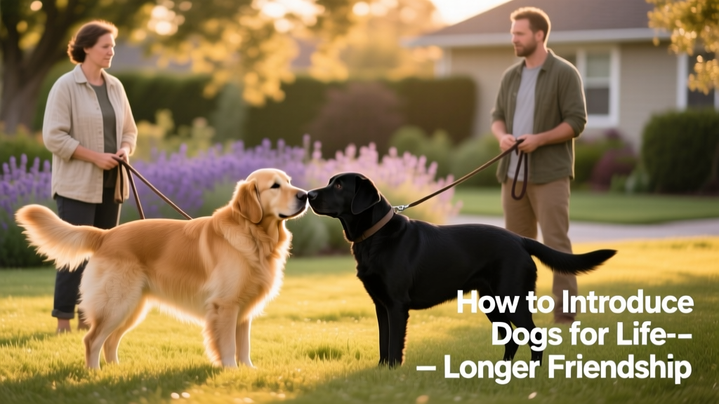 Two dogs gently touching noses during a brief, calm greeting, handlers standing nearby with loose leashes