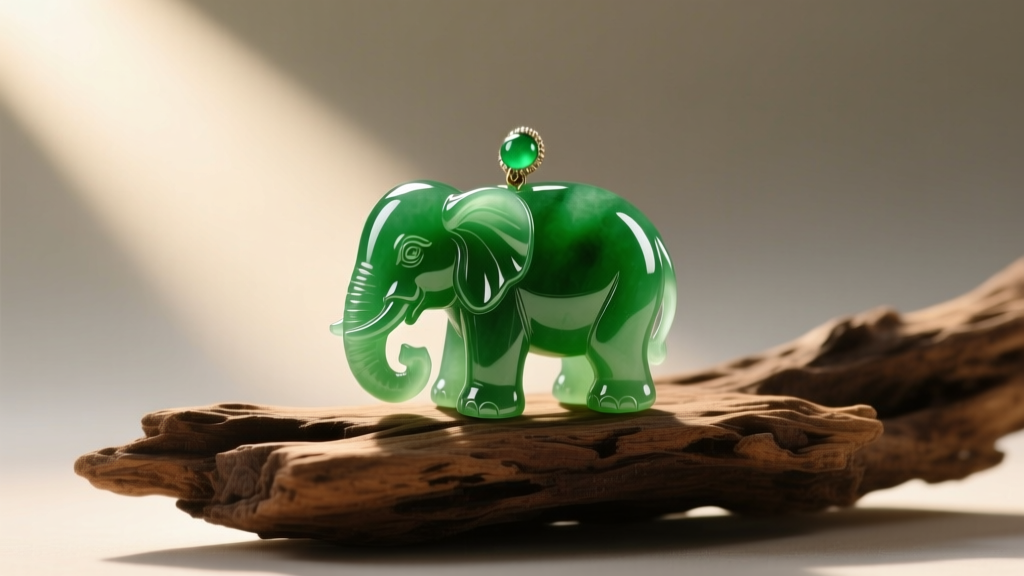 Carved green nephrite jade elephant pendant with smooth polished finish, displayed on raw driftwood under warm natural sunlight