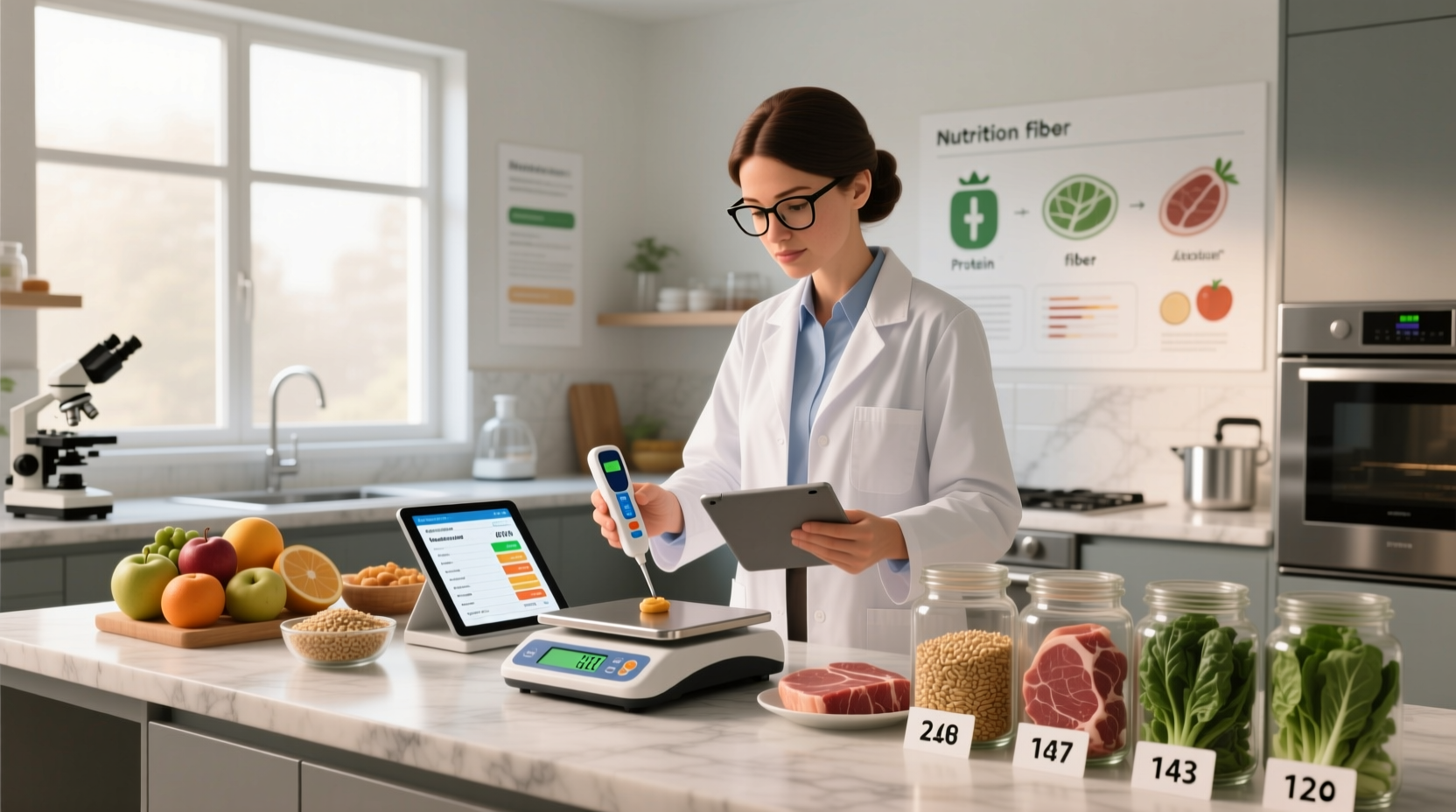 Nutritionist measuring calorie content of various foods