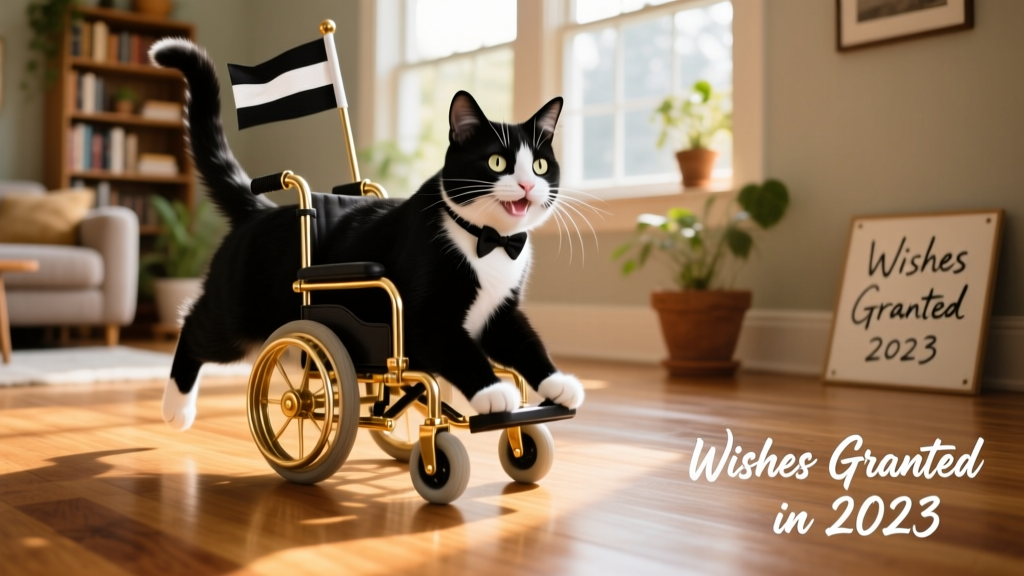 Maestro the cat zooming across hardwood floors in his custom wheelchair, tail held high with joy
