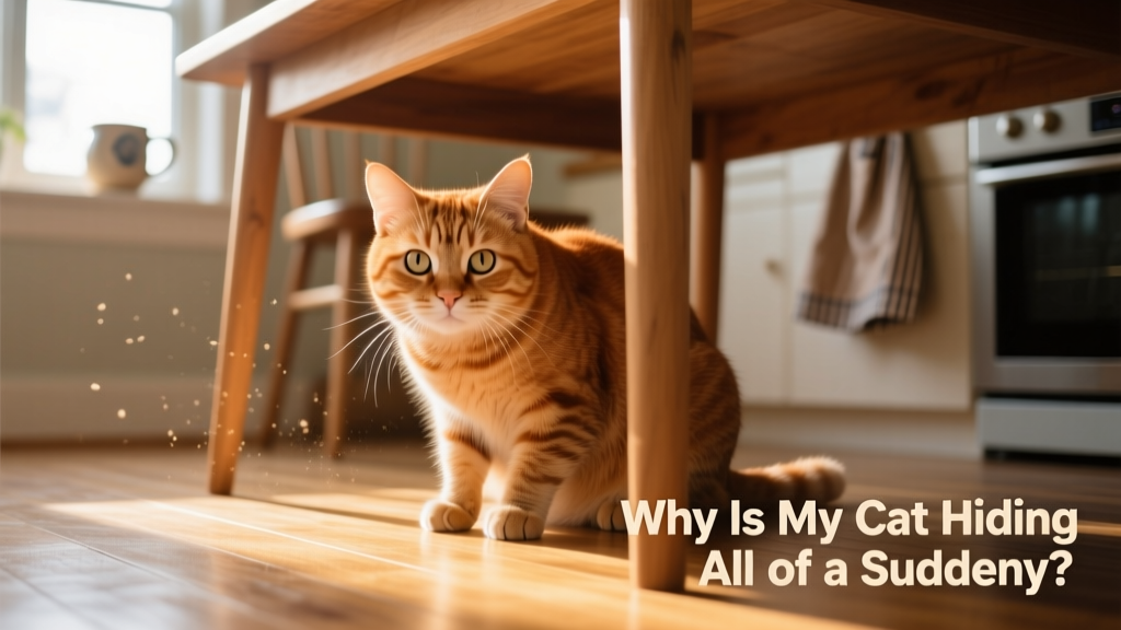 A cat hiding underneath a table