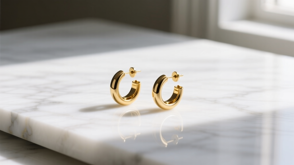 Flat lay of modern Celine Triomphe small gold-tone hoop earrings resting on white marble with soft natural window light.