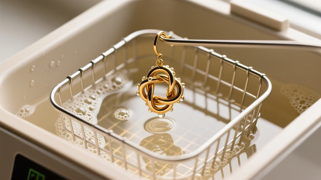 Overhead view of an ultrasonic cleaner tank with a steel basket cleaning a tangled brass knot earring in warm soapy water.