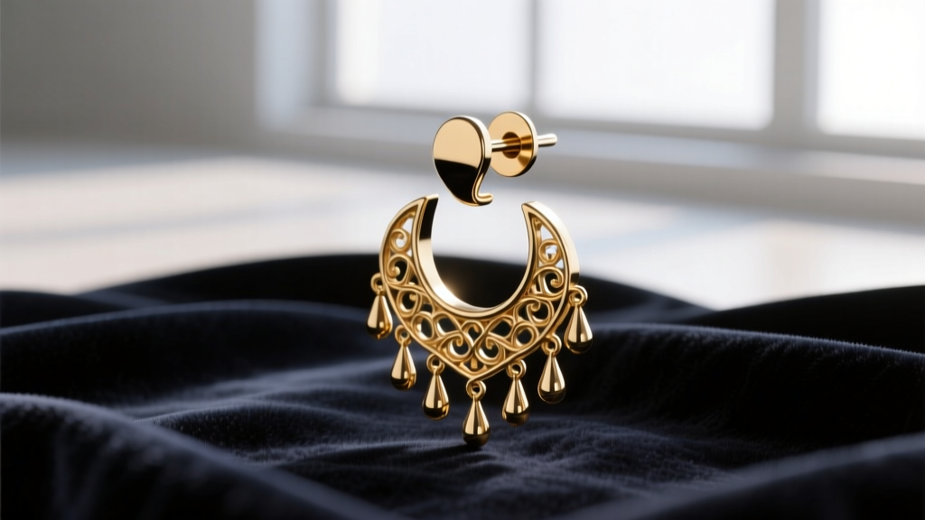 Macro photography of a heavy brass chandelier earring secured by a wide-base titanium friction back, resting on dark velvet fabric