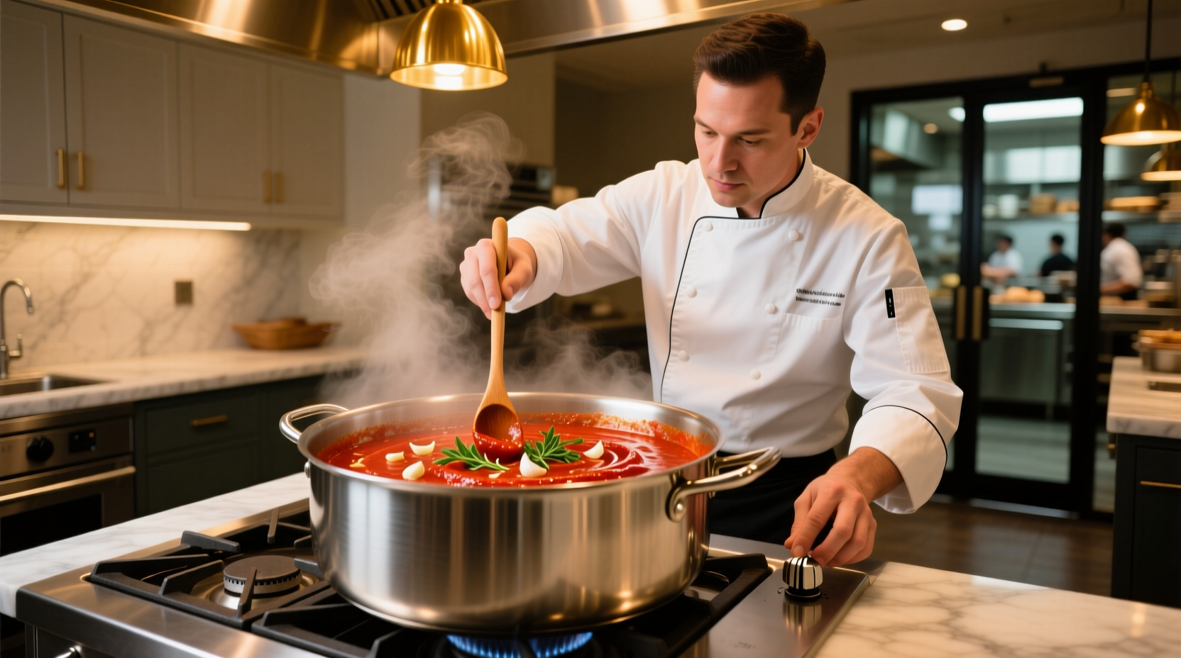 Chef adjusting marinara sauce in stainless steel pot